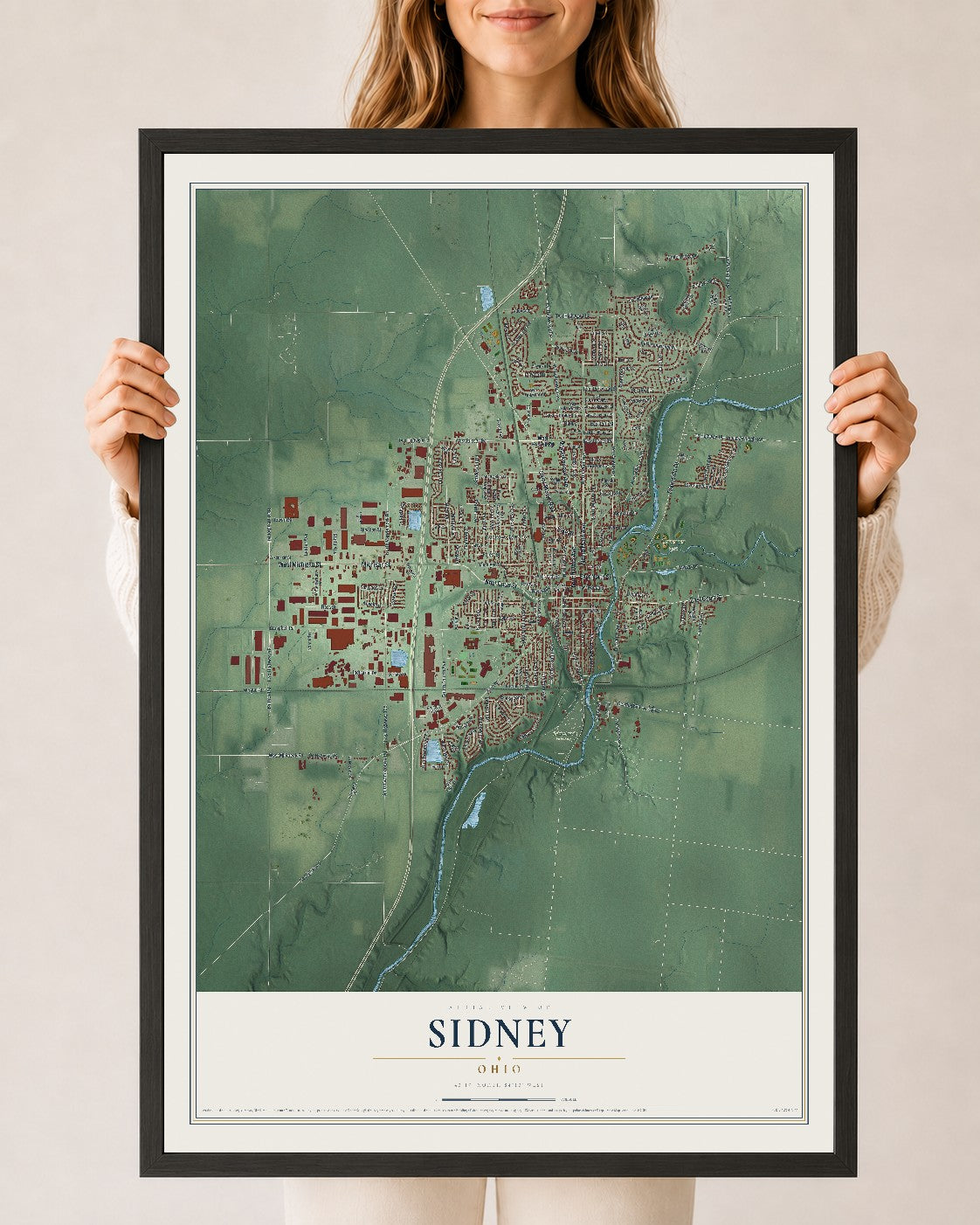 Map of Sidney, Ohio, 24 x 36 inch print in a black wood frame