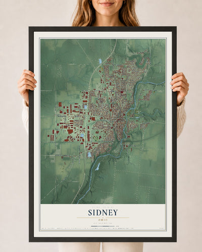 Map of Sidney, Ohio, 24 x 36 inch print in a black wood frame