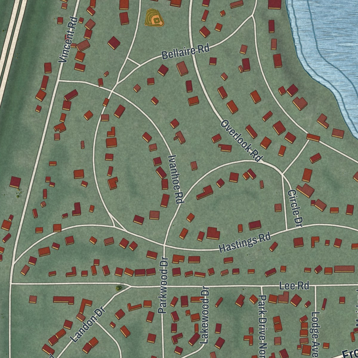Close-up of the map of Silver Lake, Ohio print showing street and building detail
