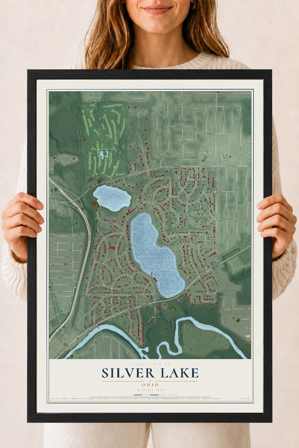 Map of Silver Lake, Ohio, 18 x 24 inch print in a black wood frame