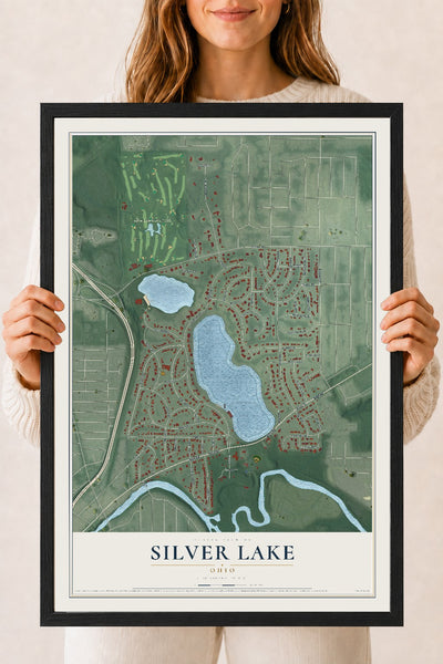Map of Silver Lake, Ohio, 18 x 24 inch print in a black wood frame