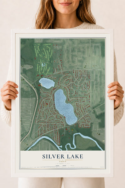 Map of Silver Lake, Ohio, 18 x 24 inch print in a white wood frame
