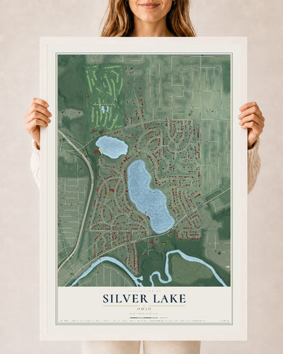 Map of Silver Lake, Ohio, 24 x 36 inch print in a white wood frame