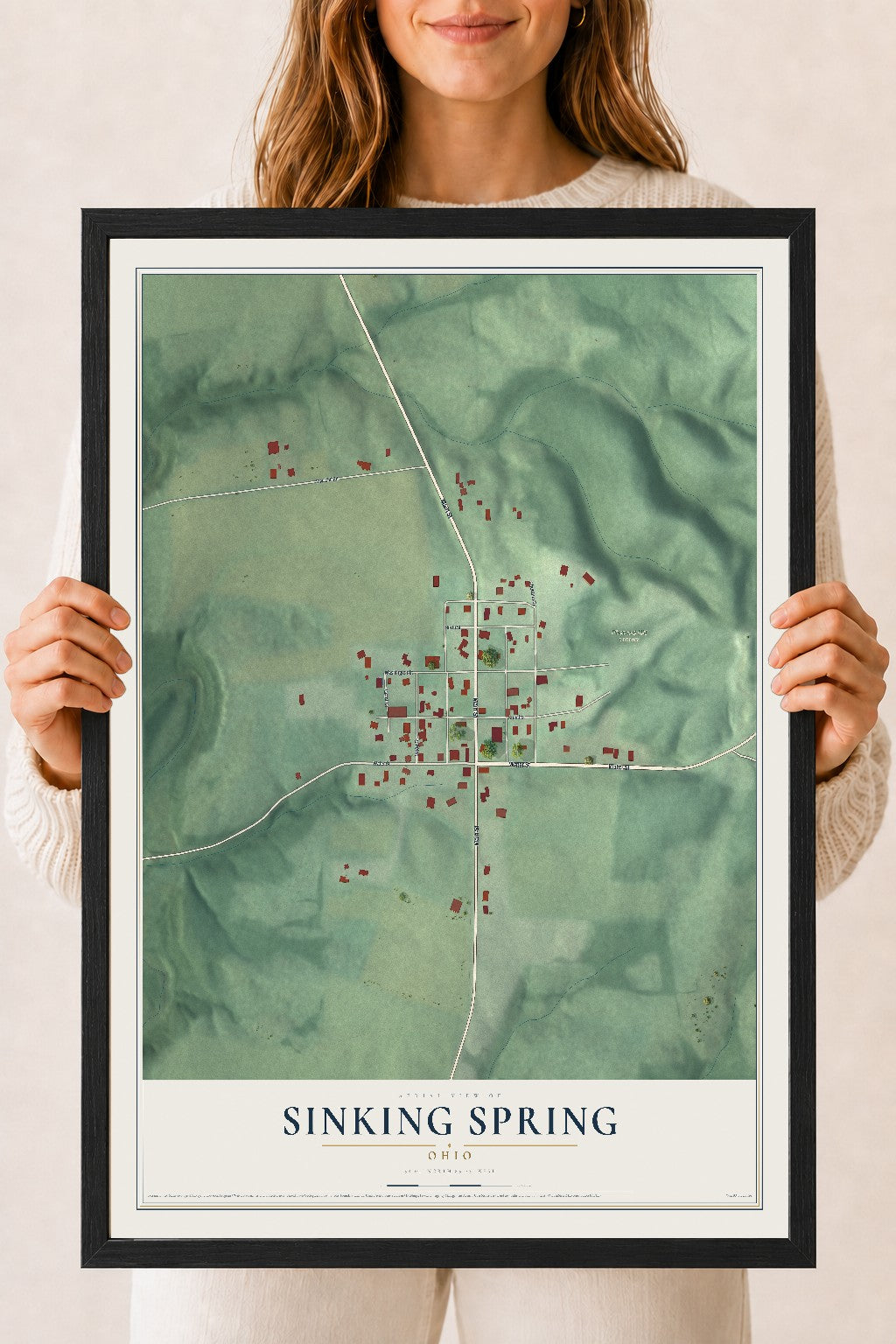 Map of Sinking Spring, Ohio, 18 x 24 inch print in a black wood frame