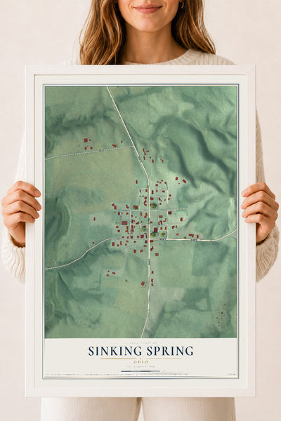 Map of Sinking Spring, Ohio, 18 x 24 inch print in a white wood frame