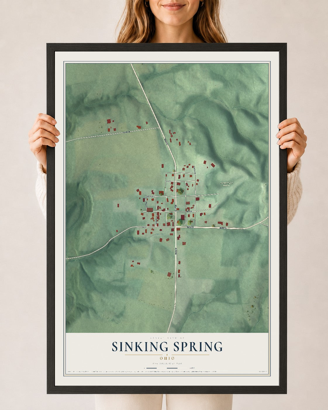 Map of Sinking Spring, Ohio, 24 x 36 inch print in a black wood frame