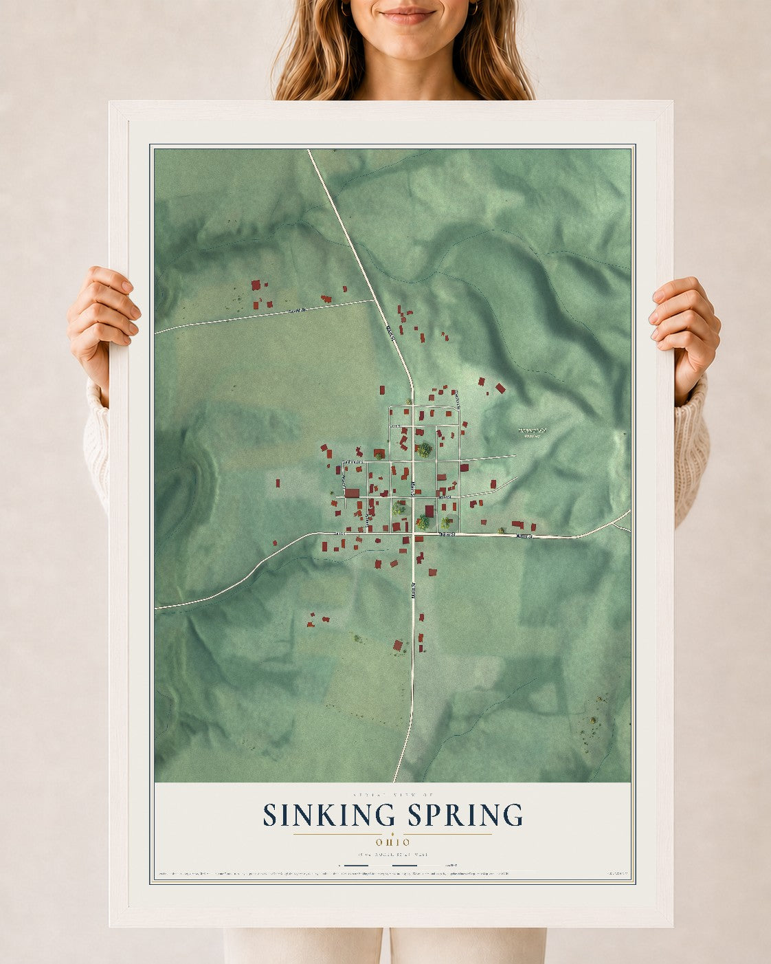 Map of Sinking Spring, Ohio, 24 x 36 inch print in a white wood frame