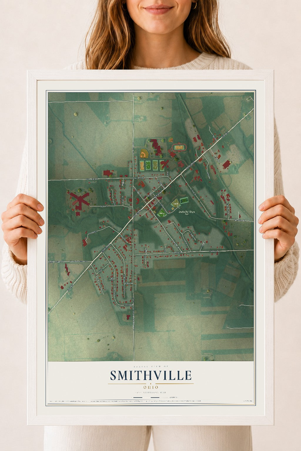 Map of Smithville, Ohio, 18 x 24 inch print in a white wood frame