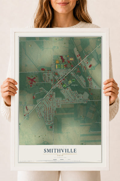 Map of Smithville, Ohio, 18 x 24 inch print in a white wood frame