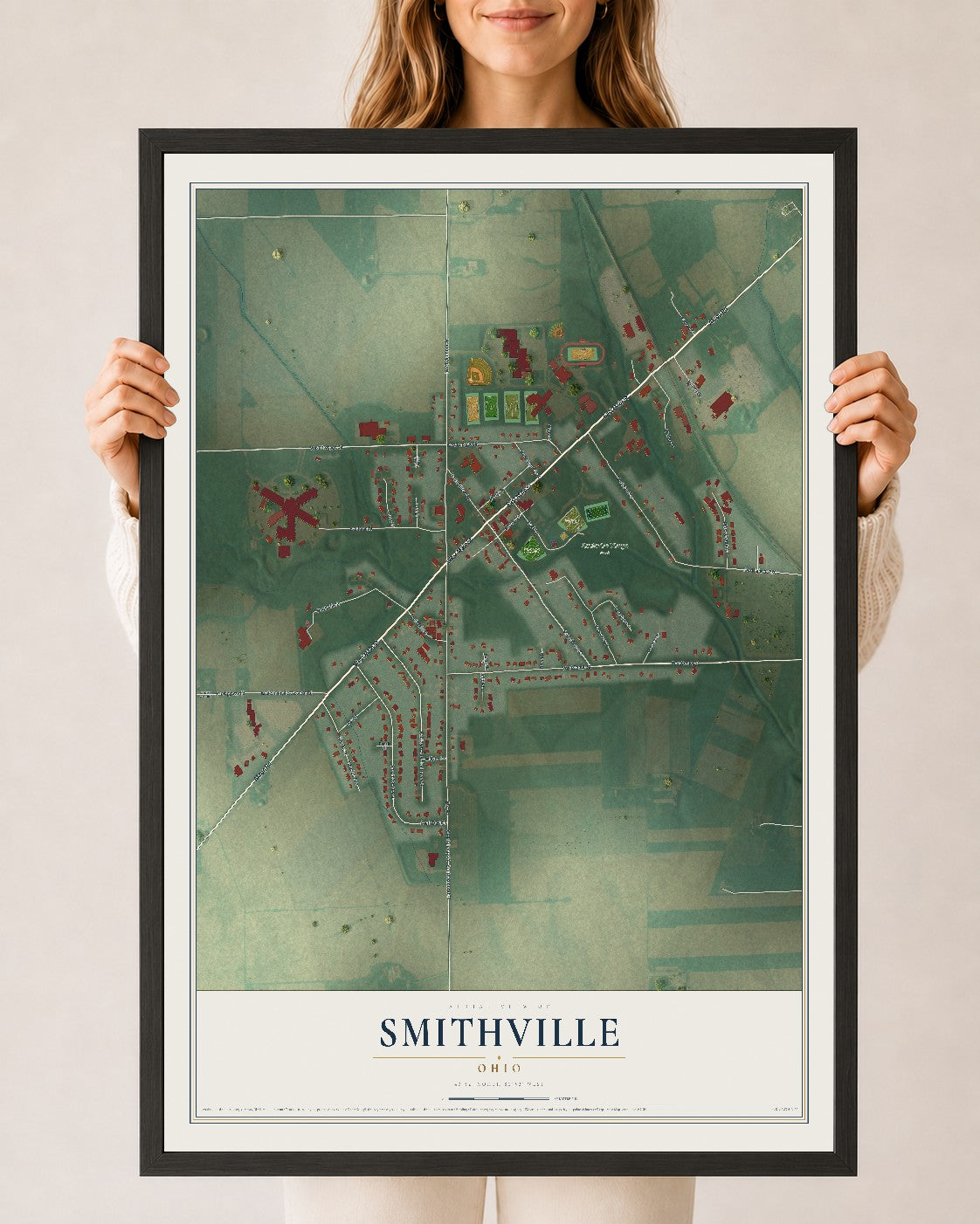 Map of Smithville, Ohio, 24 x 36 inch print in a black wood frame