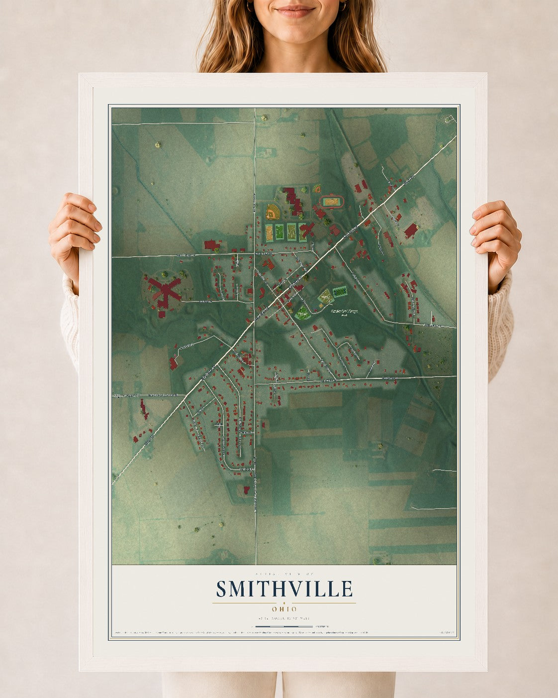Map of Smithville, Ohio, 24 x 36 inch print in a white wood frame