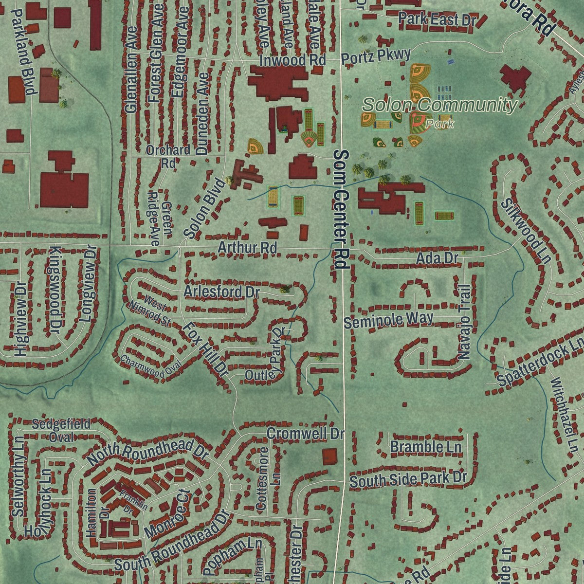 Close-up of the map of Solon, Ohio print showing street and building detail