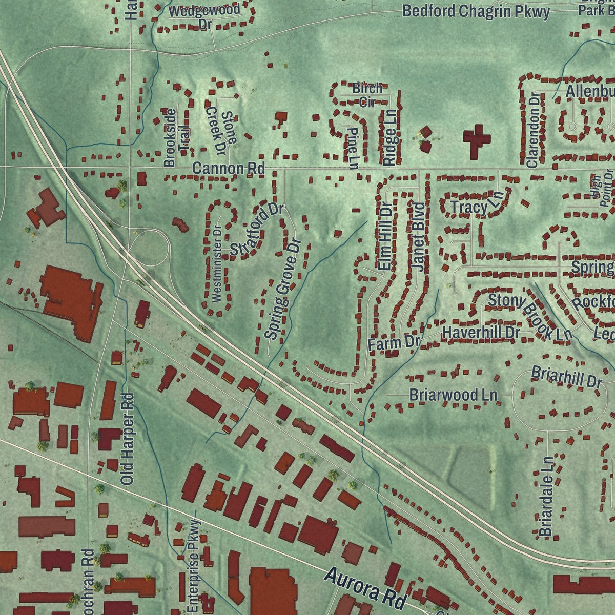 Second close-up of the map of Solon, Ohio print showing more streets and buildings