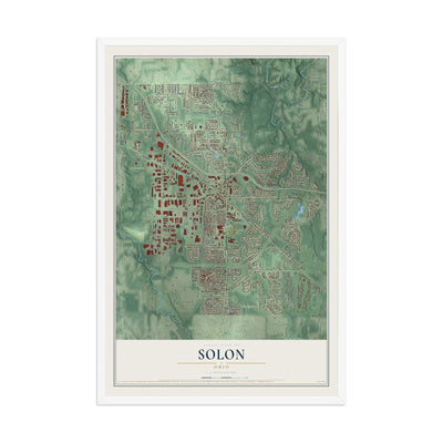 Map of Solon, Ohio, 12 x 18 inch print in a white wood frame