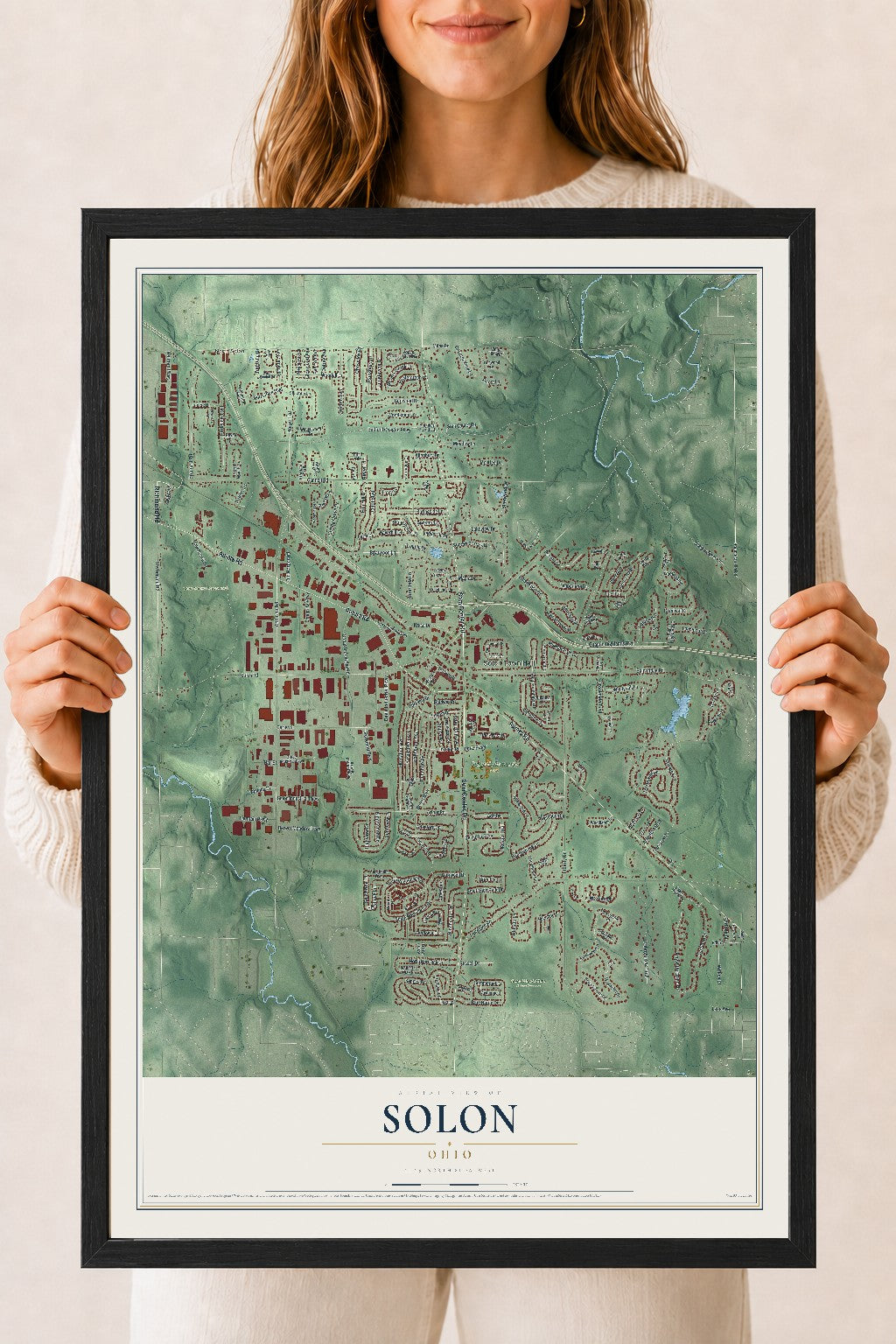 Map of Solon, Ohio, 18 x 24 inch print in a black wood frame
