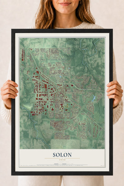Map of Solon, Ohio, 18 x 24 inch print in a black wood frame