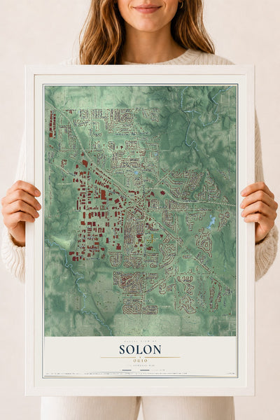 Map of Solon, Ohio, 18 x 24 inch print in a white wood frame
