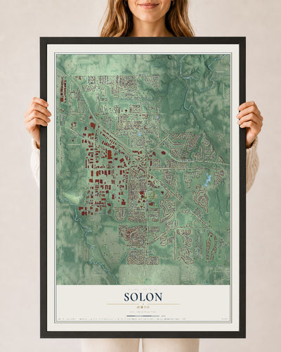 Map of Solon, Ohio, 24 x 36 inch print in a black wood frame