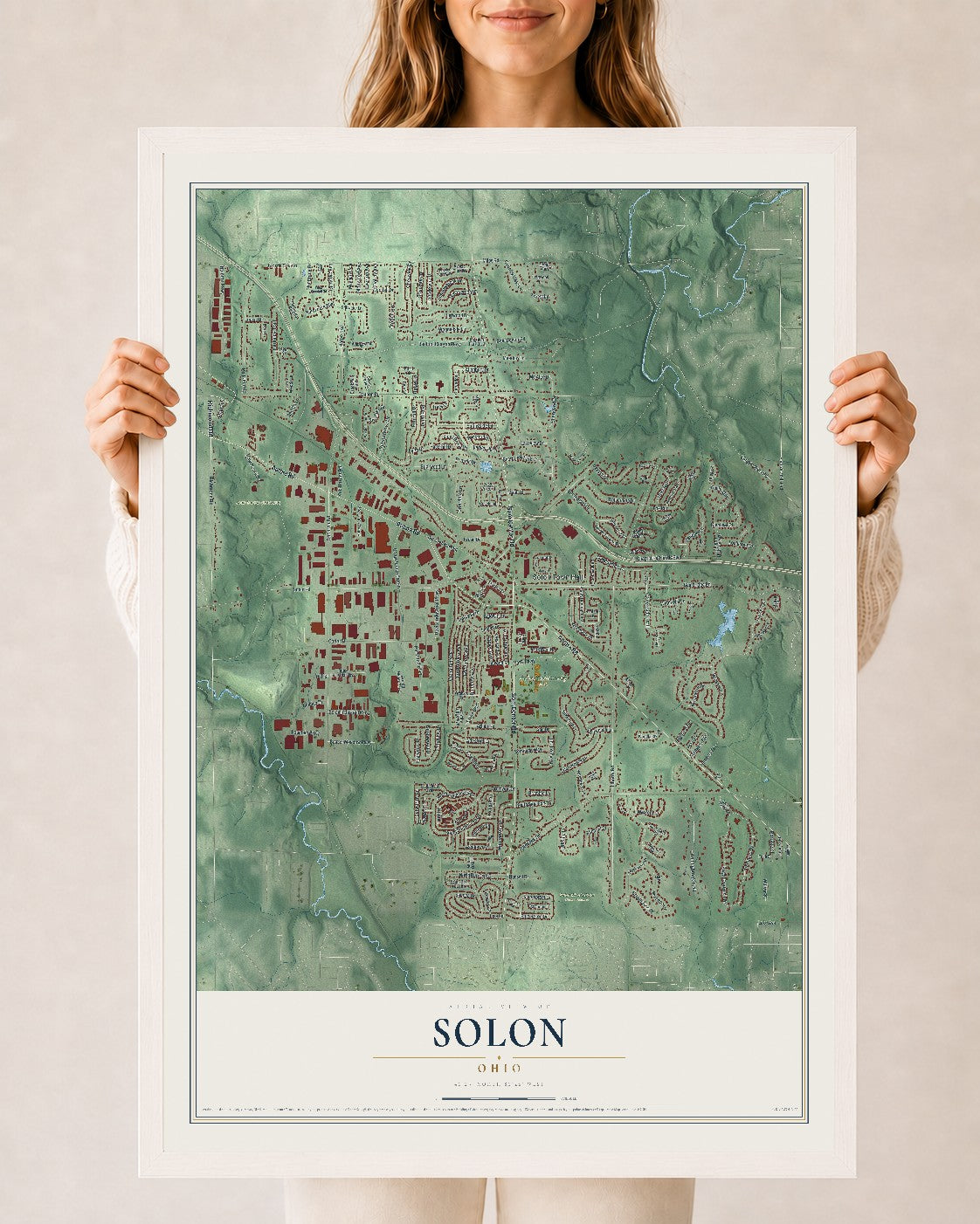 Map of Solon, Ohio, 24 x 36 inch print in a white wood frame