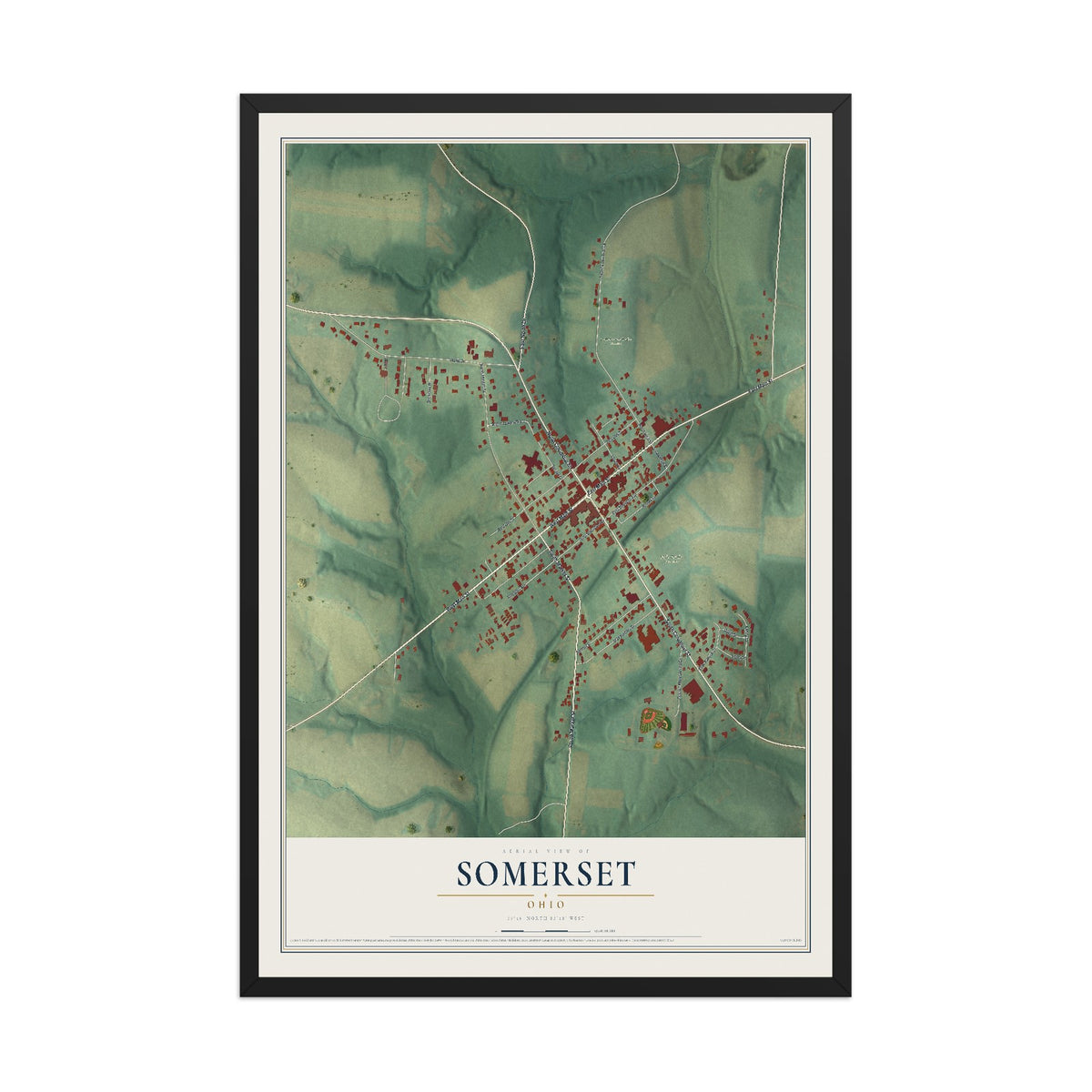Map of Somerset, Ohio, 12 x 18 inch print in a black wood frame