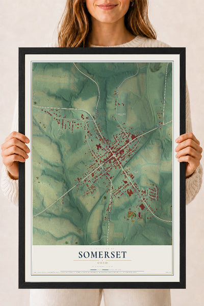 Map of Somerset, Ohio, 18 x 24 inch print in a black wood frame
