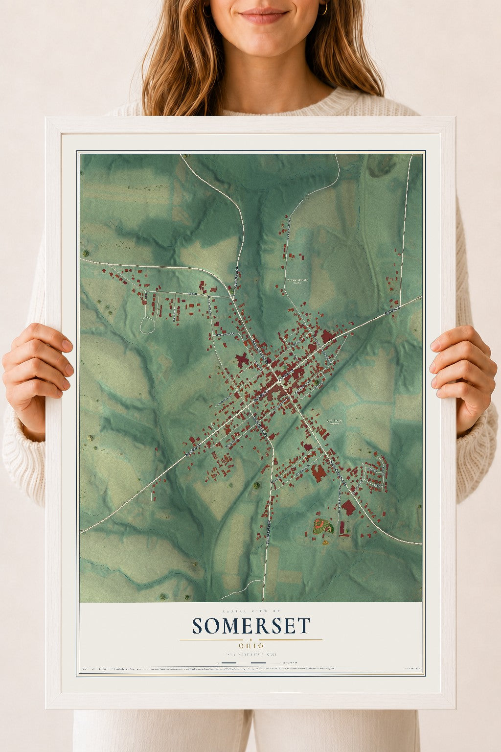 Map of Somerset, Ohio, 18 x 24 inch print in a white wood frame
