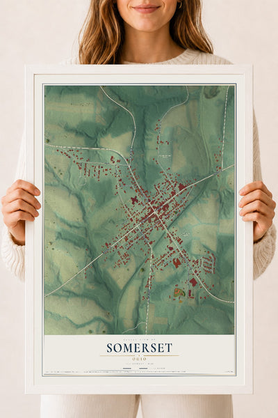 Map of Somerset, Ohio, 18 x 24 inch print in a white wood frame