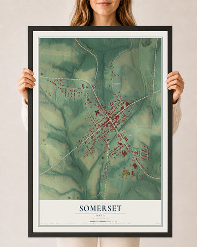 Map of Somerset, Ohio, 24 x 36 inch print in a black wood frame