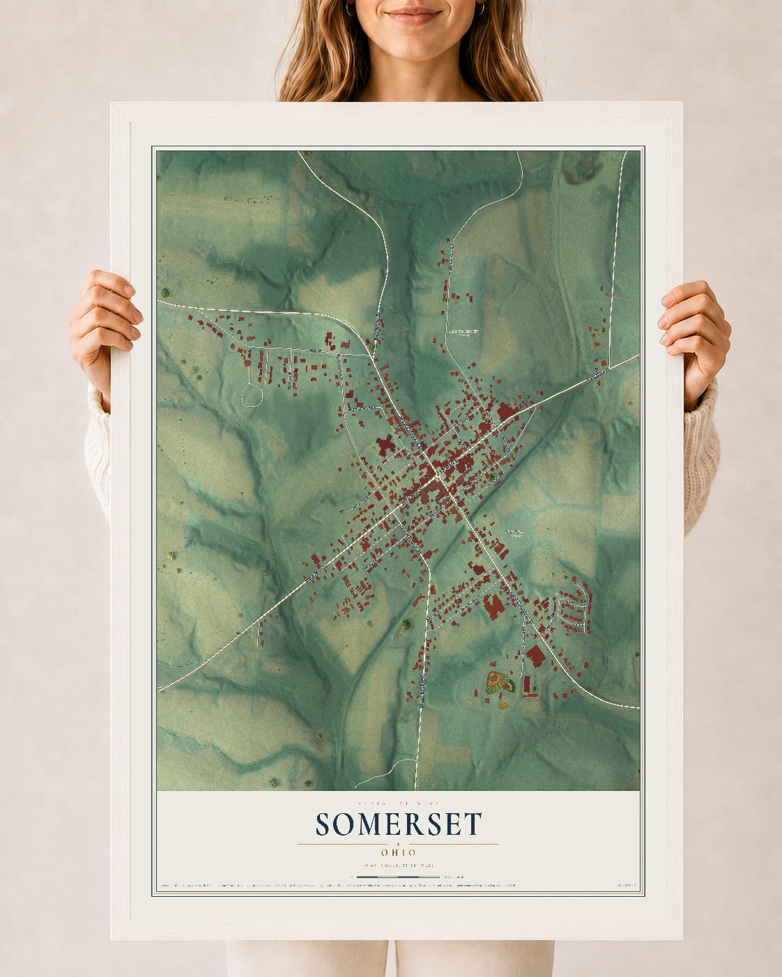 Map of Somerset, Ohio, 24 x 36 inch print in a white wood frame