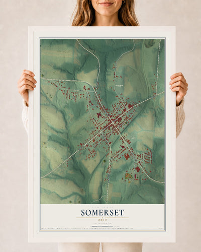 Map of Somerset, Ohio, 24 x 36 inch print in a white wood frame