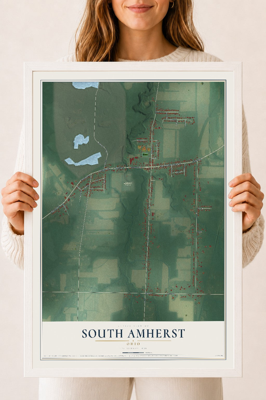 Map of South Amherst, Ohio, 18 x 24 inch print in a white wood frame