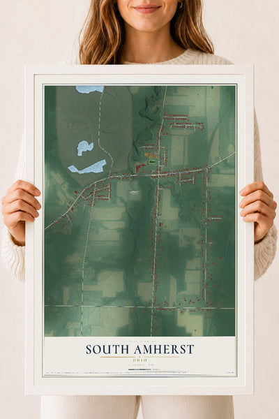 Map of South Amherst, Ohio, 18 x 24 inch print in a white wood frame