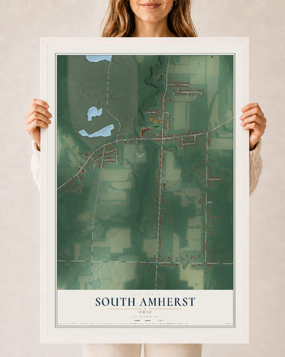 Map of South Amherst, Ohio, 24 x 36 inch print in a white wood frame