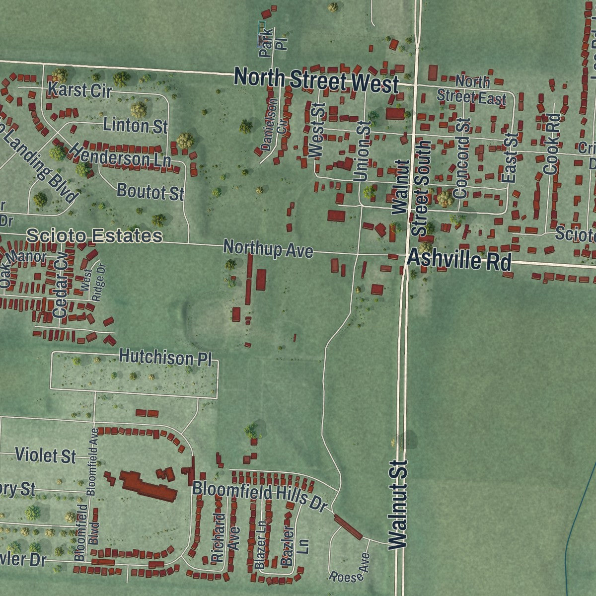Close-up of the map of South Bloomfield, Ohio print showing street and building detail