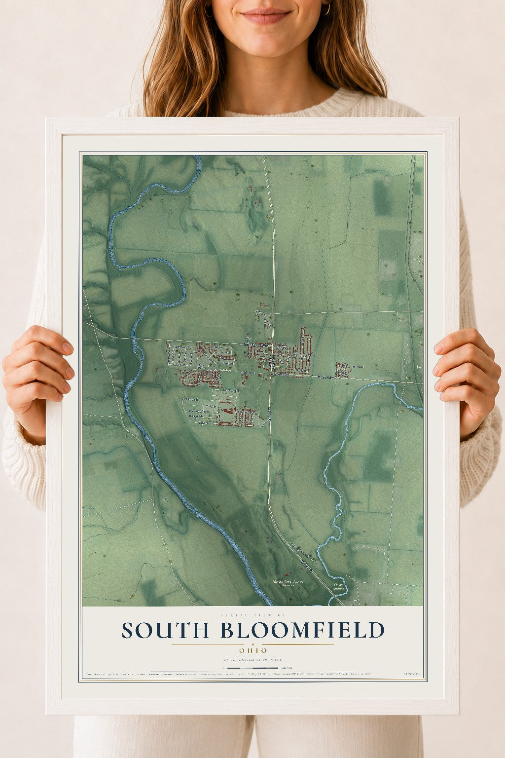 Map of South Bloomfield, Ohio, 18 x 24 inch print in a white wood frame