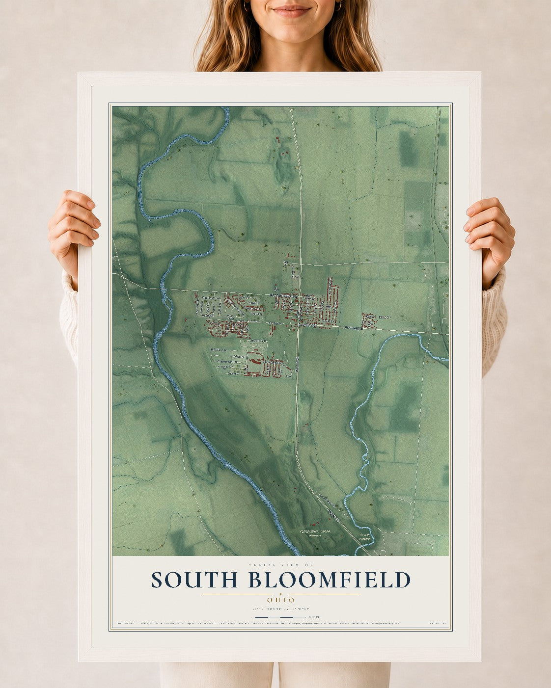 Map of South Bloomfield, Ohio, 24 x 36 inch print in a white wood frame