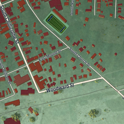 Close-up of the map of South Charleston, Ohio print showing street and building detail