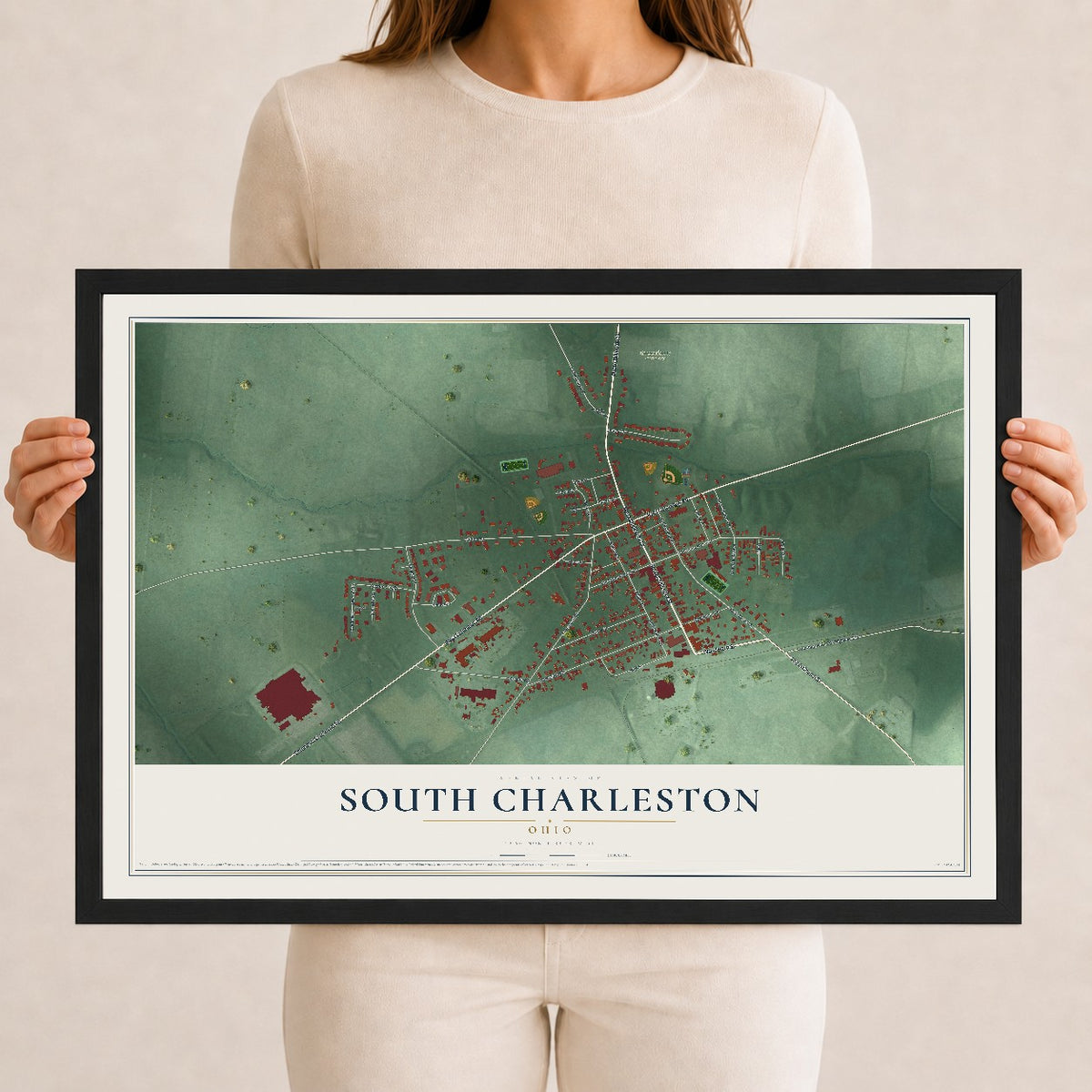 Map of South Charleston, Ohio, 12 x 18 inch print in a black wood frame