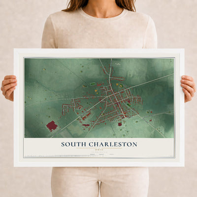 Map of South Charleston, Ohio, 12 x 18 inch print in a white wood frame