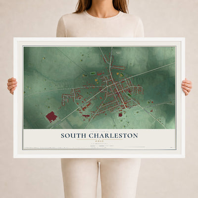 Map of South Charleston, Ohio, 24 x 36 inch print in a white wood frame