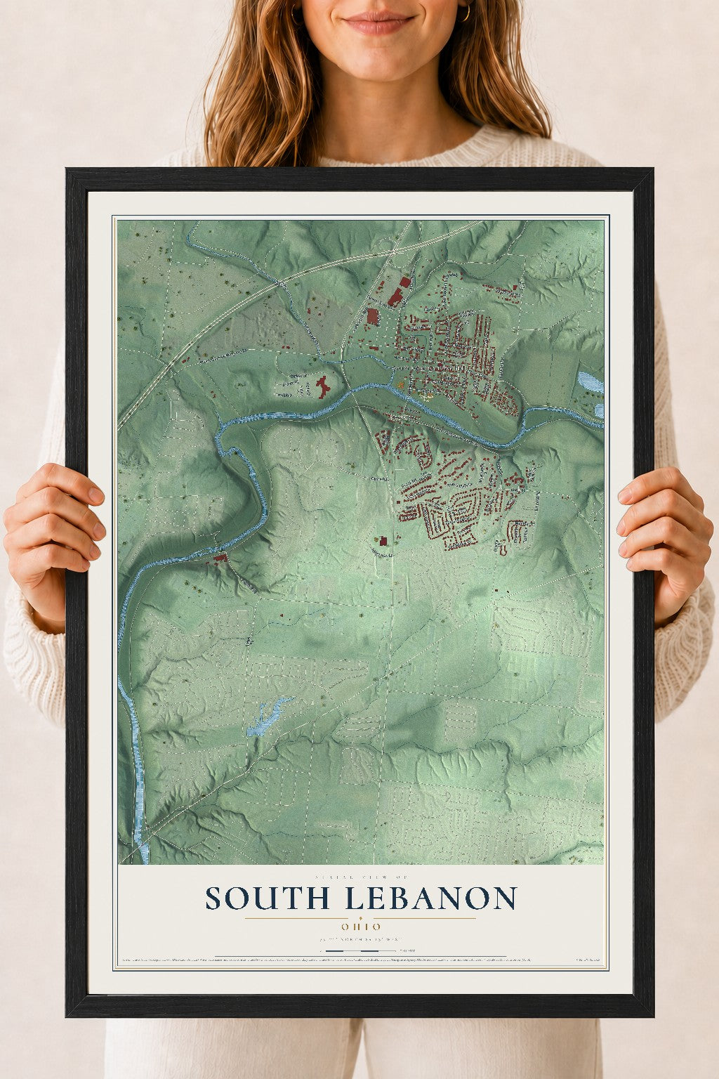 Map of South Lebanon, Ohio, 18 x 24 inch print in a black wood frame