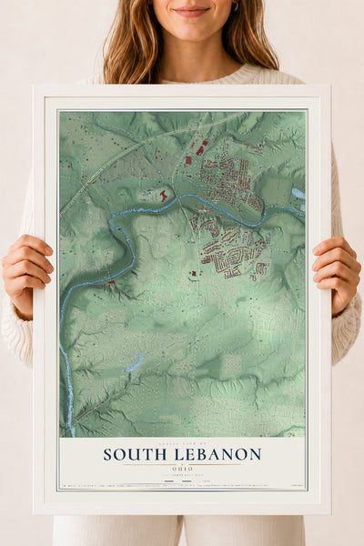 Map of South Lebanon, Ohio, 18 x 24 inch print in a white wood frame