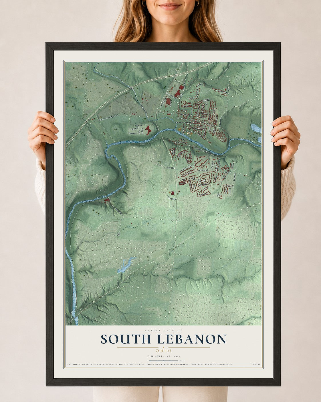 Map of South Lebanon, Ohio, 24 x 36 inch print in a black wood frame