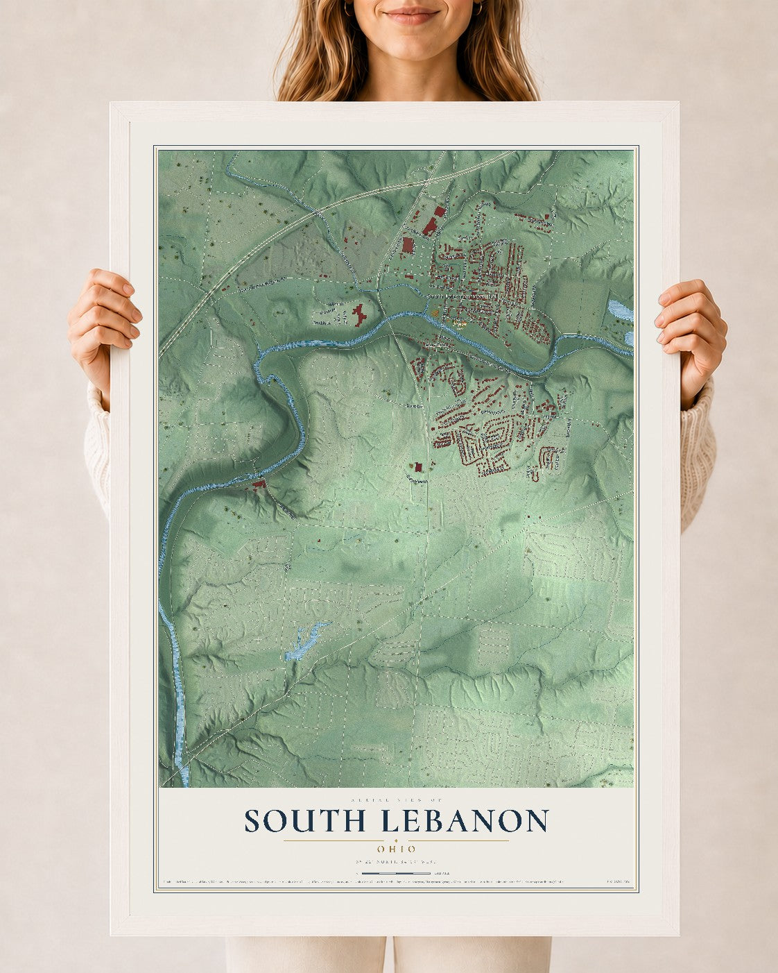 Map of South Lebanon, Ohio, 24 x 36 inch print in a white wood frame
