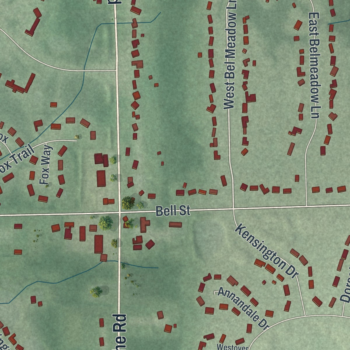 Close-up of the map of South Russell, Ohio print showing street and building detail