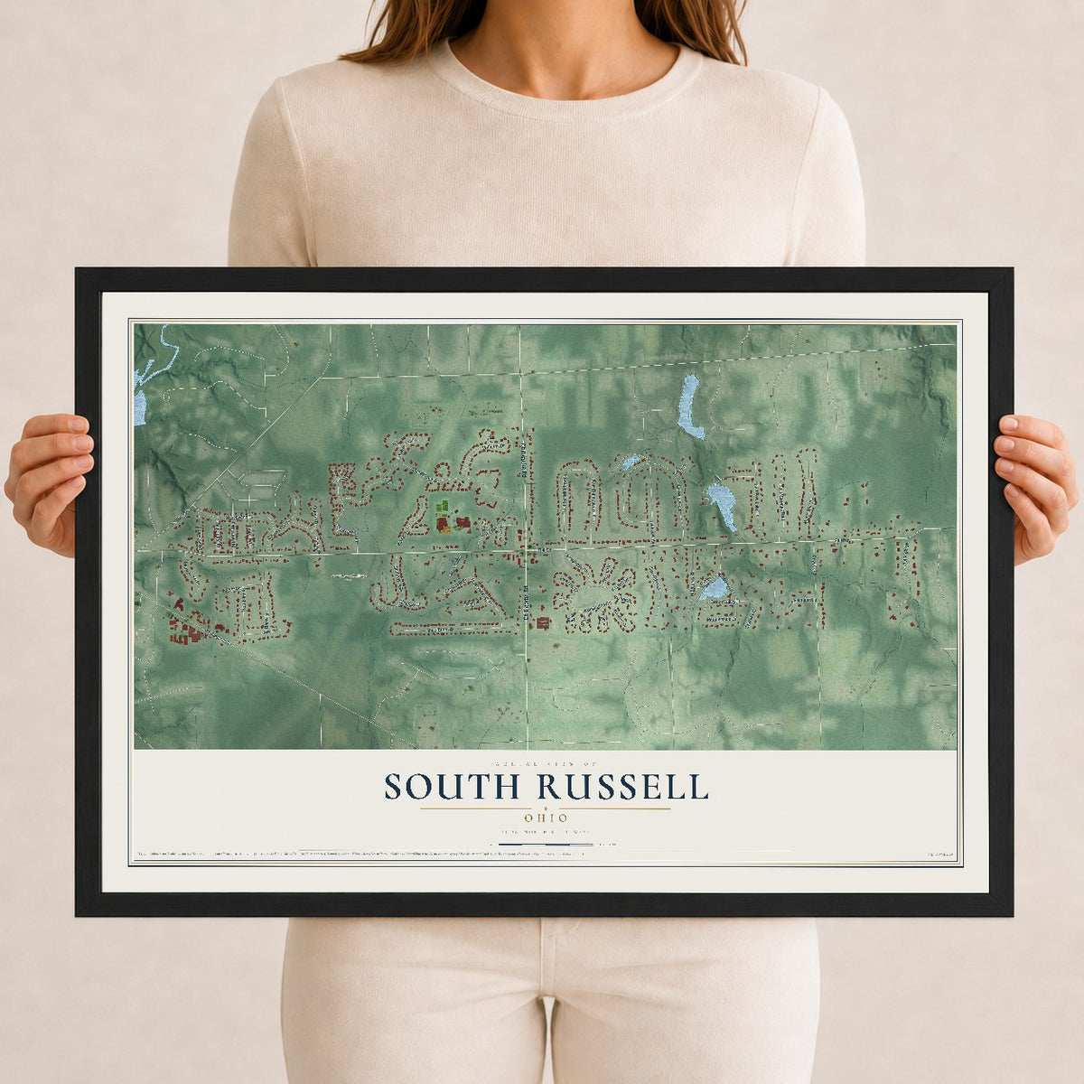 Map of South Russell, Ohio, 12 x 18 inch print in a black wood frame