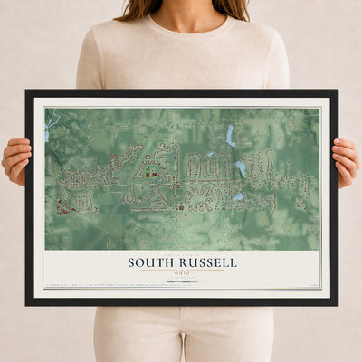 Map of South Russell, Ohio, 12 x 18 inch print in a black wood frame