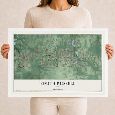 Map of South Russell, Ohio, 12 x 18 inch print in a white wood frame