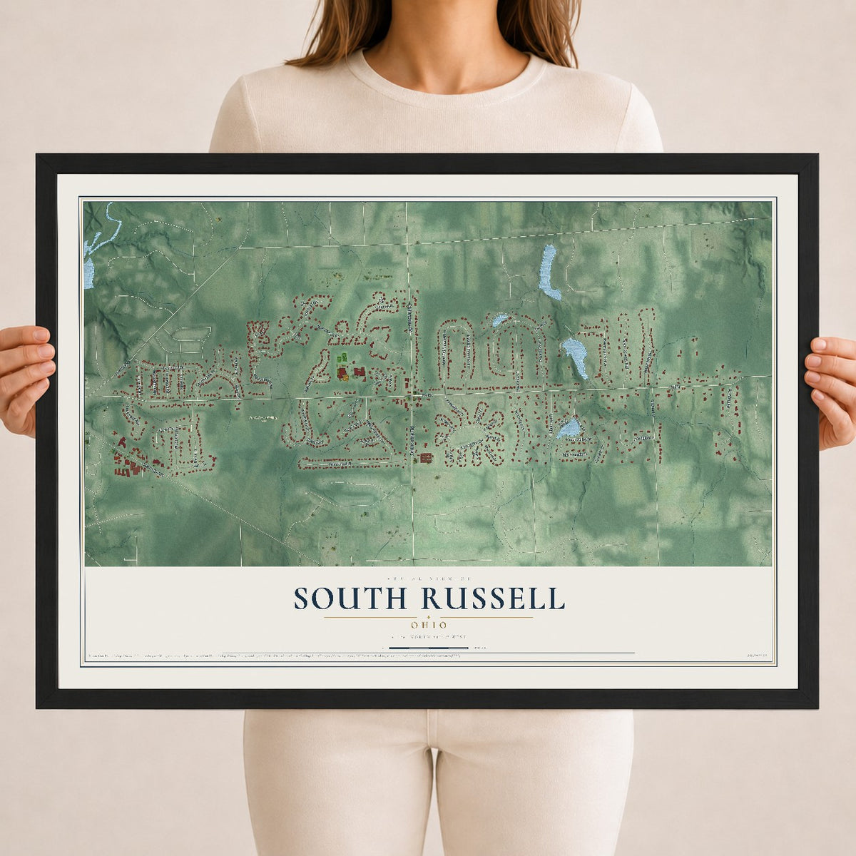 Map of South Russell, Ohio, 18 x 24 inch print in a black wood frame