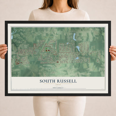 Map of South Russell, Ohio, 18 x 24 inch print in a black wood frame
